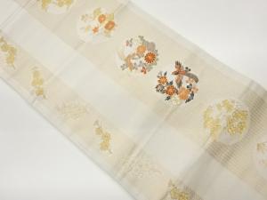 縞に鳥・秋草模様織出し名古屋帯